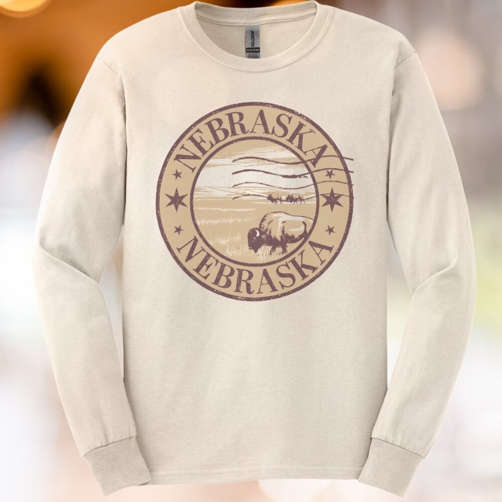 Nebraska bison graphic long sleeve shirt rustic prairie landscape